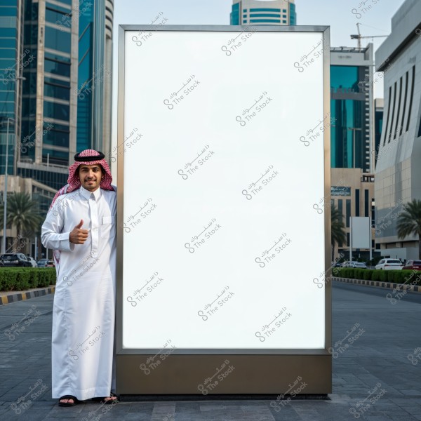 A person stands next to a large blank advertisement board on an urban street. They are wearing traditional attire and giving a thumbs-up. The background features modern glass buildings, cars, and palm trees.
