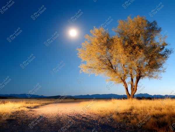 An image of a natural landscape showing a single tree illuminated by moonlight in a grassy plain with a dirt path in the foreground. The sky is dark blue with the bright full moon. Mountains are visible in the distant horizon, giving a sense of calmness and tranquility.
