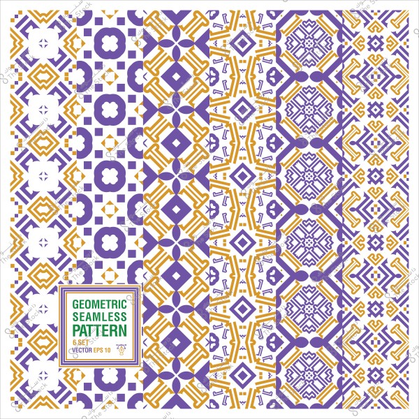 A collection of seamless geometric patterns in purple and yellow with varied designs.