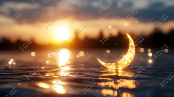 An enchanting natural scene at sunset over water. The sky is illuminated with warm golden and orange hues, and the light reflects as a sparkling shimmer on the water\'s surface. A glowing golden crescent moon appears to be floating on the water, adding a magical and aesthetic touch to the scene.