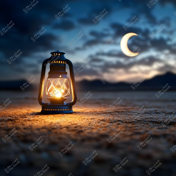 A lit lantern placed on the sand at night, with a cloudy sky and a bright crescent moon in the background. Distant mountainous terrain is visible under the dim twilight.