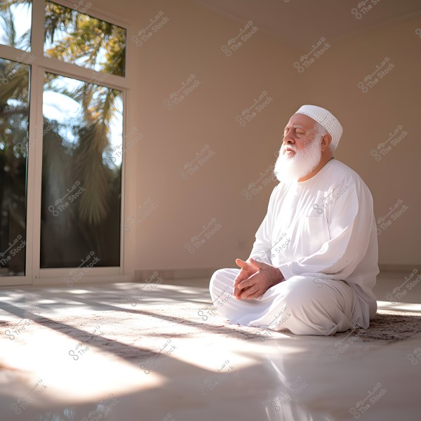 An elderly man sitting in a meditative or prayerful pose inside a sunlit room, wearing a white traditional Arab garment and a cap. Sunlight streams through a large glass window in the background, casting shadows of palm trees on the glossy floor.
