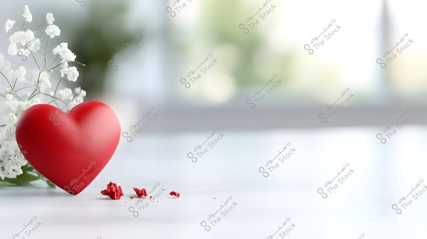 Image of a red heart placed on a white surface, accompanied by small white flowers and scattered pieces of red material. The background is blurred, putting emphasis on the heart and the flowers.