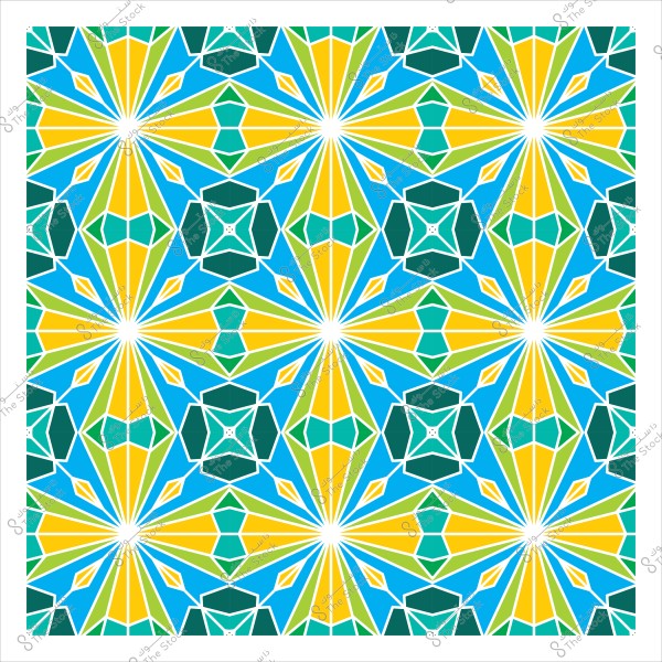 زخرفة هندسية متكررة بألوان زرقاء وخضراء وصفراء.