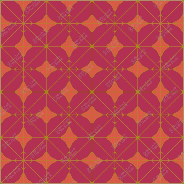 A geometric repeating pattern with orange and green diamond shapes on a red background.