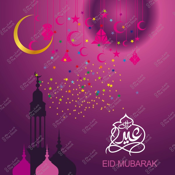 تصميم تهنئة عيد مليء بالأنماط الإسلامية بنجوم وهلال وفانوس, ومكتوب عليه عيد مبارك بالخط العربي.