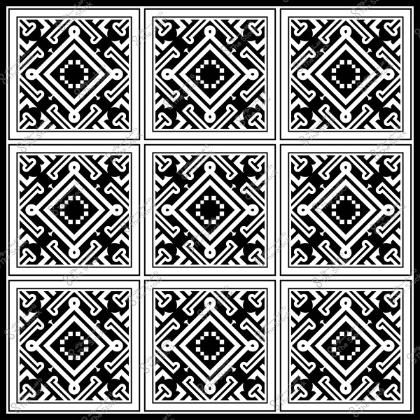 تصميم هندسي متماثل مكون من تسعة بلاطات مربعة بالأبيض والأسود يتضمن أشكال متكررة ودوائر مركزية.