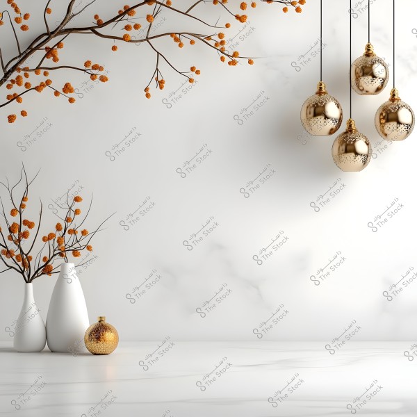 An image depicting a minimalist interior design with a white background. Several shiny golden glass spheres hang from the ceiling. In the lower left corner, there is a pair of white vases with orange branches and leaves. The design creates a calm and beautiful ambiance.