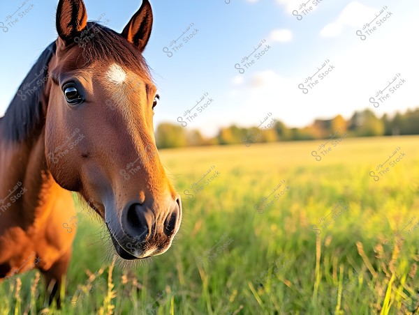 Image of a brown horse with a small white spot on its forehead, standing in a green meadow under a clear blue sky with a few scattered clouds. The background is blurred, showing a landscape with various trees.