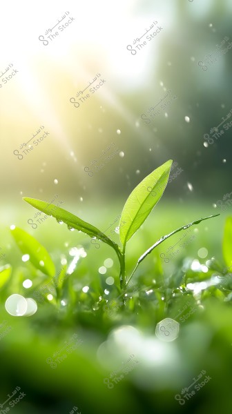 Image of a small seedling growing from green grass, with its leaves showing a vibrant green color and covered in tiny water droplets. Soft light illuminates the background, creating a serene and pure atmosphere.