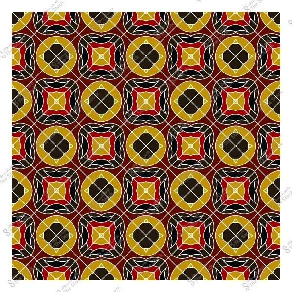 نمط زخرفي هندسي يظهر مربعات متكررة تحتوي على أشكال نجمية باللون الأحمر والأصفر مع دوائر متداخلة تتضمن اللونين الأسود والبني والخطوط البيضاء. التصميم يعكس الطراز التقليدي للفن الإسلامي أو المغربي.

-