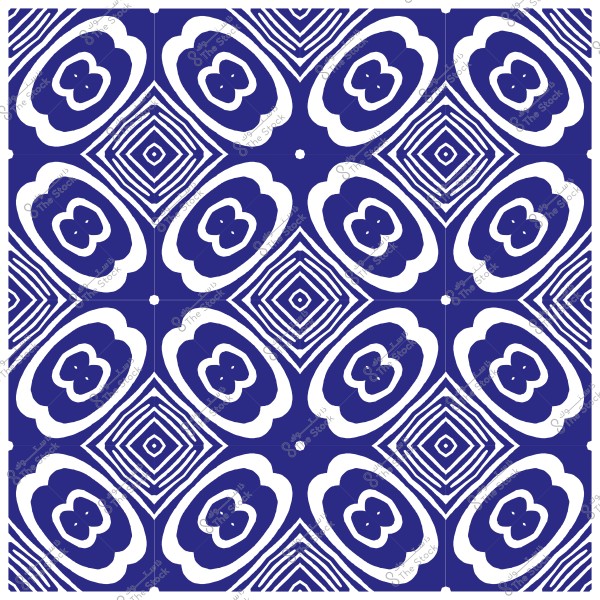 نمط هندسي متماثل باللونين الأزرق والأبيض يحتوي على أشكال دائرية ومربعات متكررة.