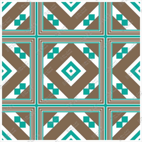 نمط هندسي مزخرف بأشكال مربعة بألوان البني والأزرق الفيروزي على خلفية بيضاء.