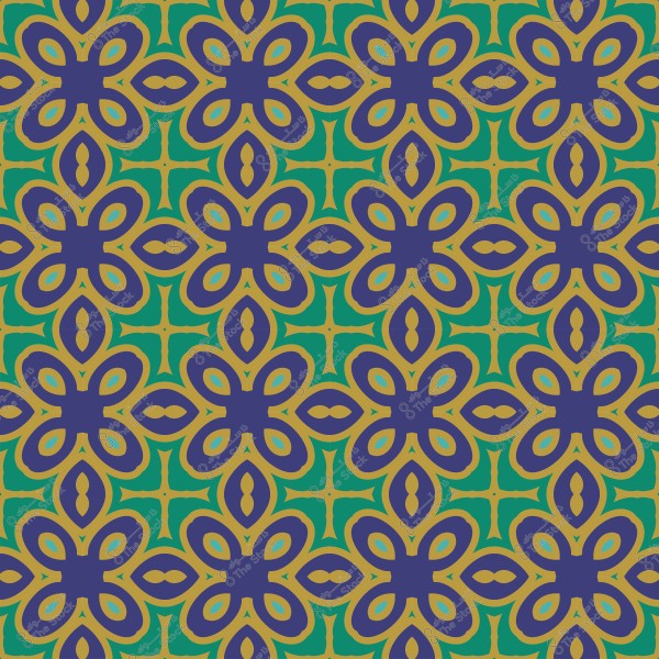 Symmetrical geometric pattern with interlocking floral shapes in blue, green, and dark yellow colors.