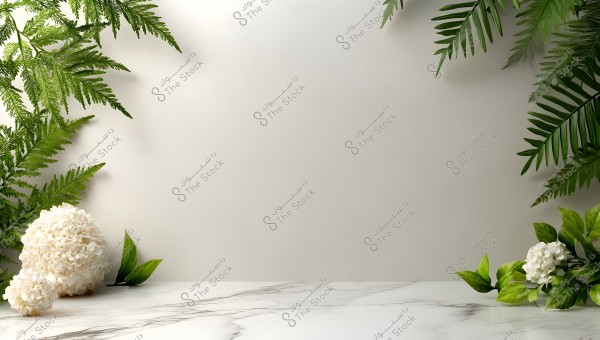 An image showing a marble surface with green plants and white flowers arranged around the edges. The green leaves are symmetrically spread at the corners, and white flowers are placed on both sides, creating a fresh natural look.