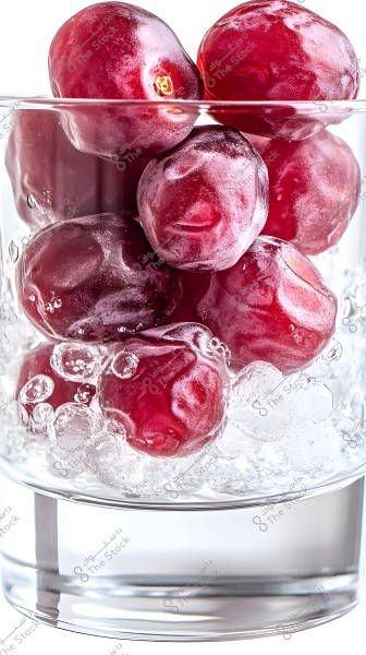 An image of several red grapes inside a glass cup filled with ice. The grapes are covered with a cool water spray, and the ice adds sparkle to the image. The background is white, highlighting the grapes and the glass cup.