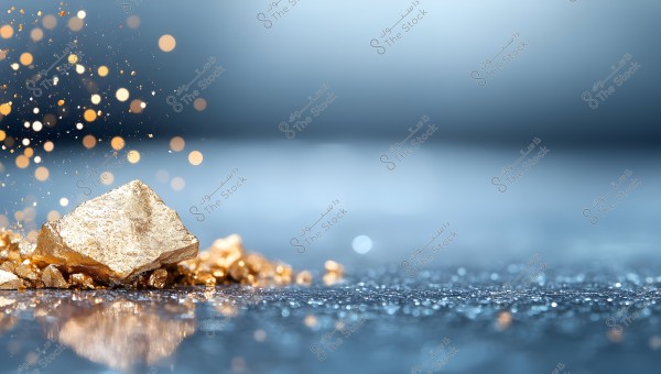 An image showing a piece of raw gold on a reflective blue surface with a blurred background. Small golden sparkles are floating in the air around the gold piece, adding a touch of beauty and brilliance to the scene.