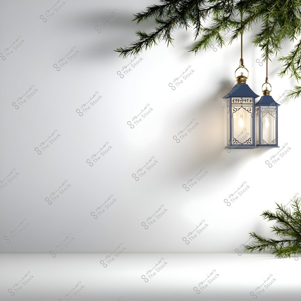 فانوسان مضاءان متدليان من الأعلى على خلفية بيضاء, محاطان بأغصان خضراء. التصميم يبعث على الشعور بالهدوء والدفء, ويشير إلى مناسبات احتفالية مثل رمضان أو عيد الميلاد.