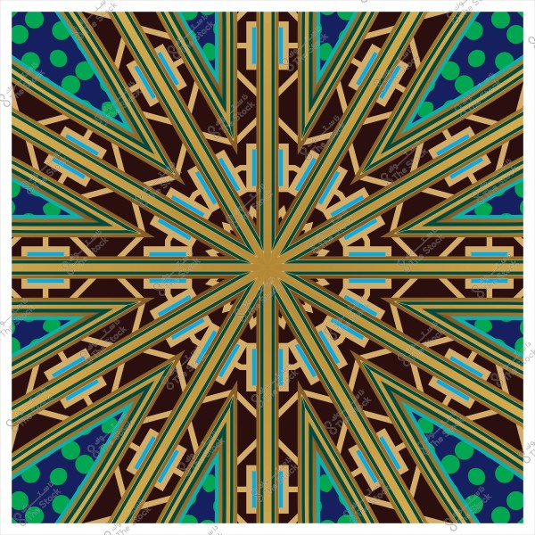 تصميم هندسي بتفاصيل مزخرفة بألوان متعددة تشمل البني والأخضر والأزرق, يعكس الطراز الإسلامي التقليدي.