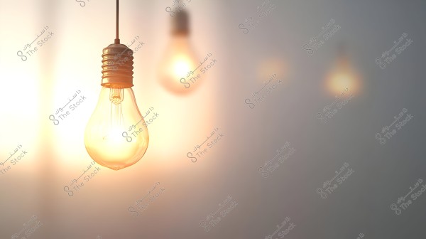 An image of a lit light bulb hanging from the ceiling in the foreground. The bulb emits a warm golden glow. In the background, other light bulbs are visible in a blurred manner, creating a cozy and appealing scene.