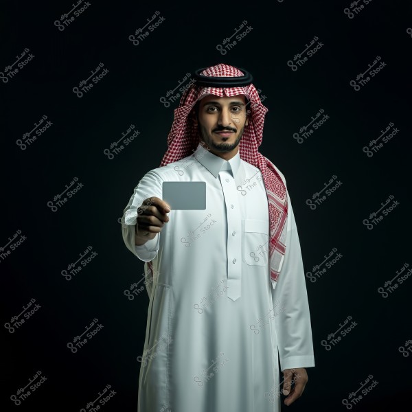 صورة لرجل يرتدي ثوبًا أبيض وغترة حمراء مع عقال, يبدو أنه من السعودية. يمسك ببطاقة رمادية في يده اليمنى. خلفية الصورة داكنة, مما يبرز ملامح الرجل وملابسه الوطنية التقليدية.