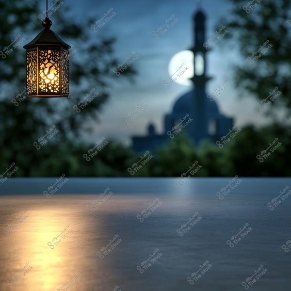 A traditional Arabic lantern lit and hanging from above on the left side of the image, with the moonlight visible behind a mosque minaret in the background against a blue night sky. The foreground surface shows a warm reflection of the light from the lantern.