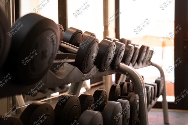 A dumbbell rack in a gym with a variety of different-sized weights neatly arranged. The lighting is soft, highlighting the details of the metal weights and the gym environment in the background.