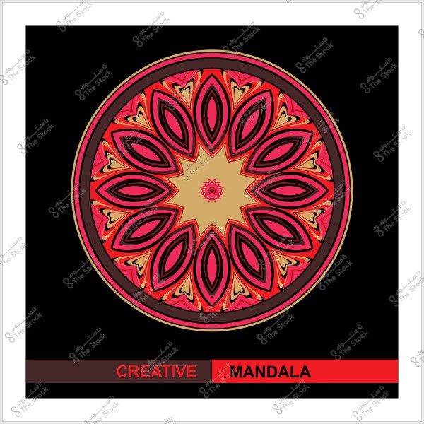 تصميم ماندالا دائري بزخارف ملونة بالأحمر والأصفر على خلفية سوداء مع كتابة "CREATIVE MANDALA" في الأسفل.