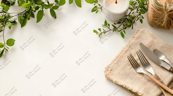 The image features a white background adorned with vibrant green branches and leaves on the left side. In the top right corner, there’s a lit white candle with a slightly burned wick. On the lower right side, a set of metal cutlery, including two forks and two knives, is placed on a beige burlap cloth. The image conveys a natural and elegant ambiance.