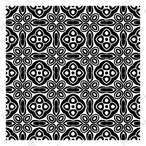 نقش زخرفي أبيض وأسود بتصميم متكرر مكون من أشكال دائرية وأشكال زهرية.