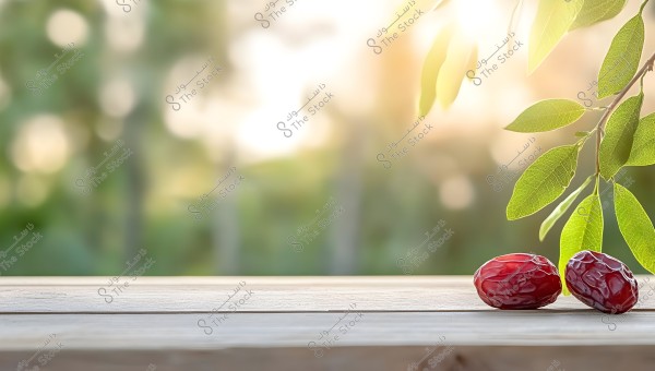 Two dates on a wooden surface, surrounded by green leaves against a blurred natural background, illuminated by warm sunlight.