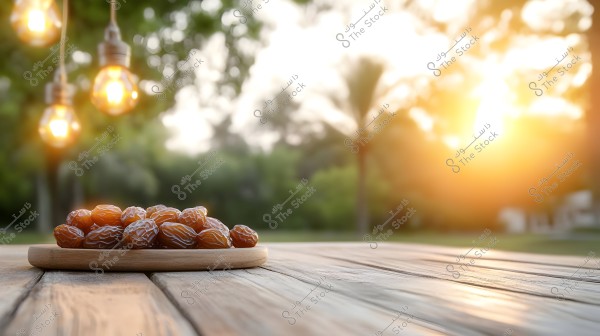 A wooden plate filled with glossy brown dates placed on a wooden outdoor table. In the background, there are green trees and hanging lights emitting a warm glow against a sunset sky.