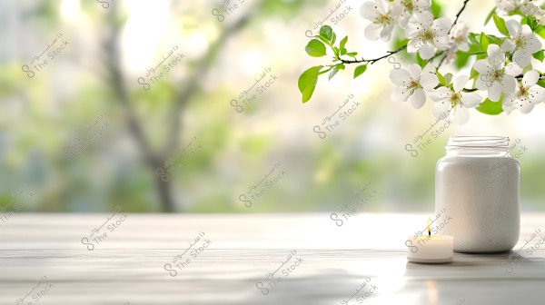 An image showing a white wooden table with a small lit candle and a glass jar filled with white sand. In the background, there is a flowering branch with small white blossoms and green leaves, with a blurred scene of greenery and natural light.