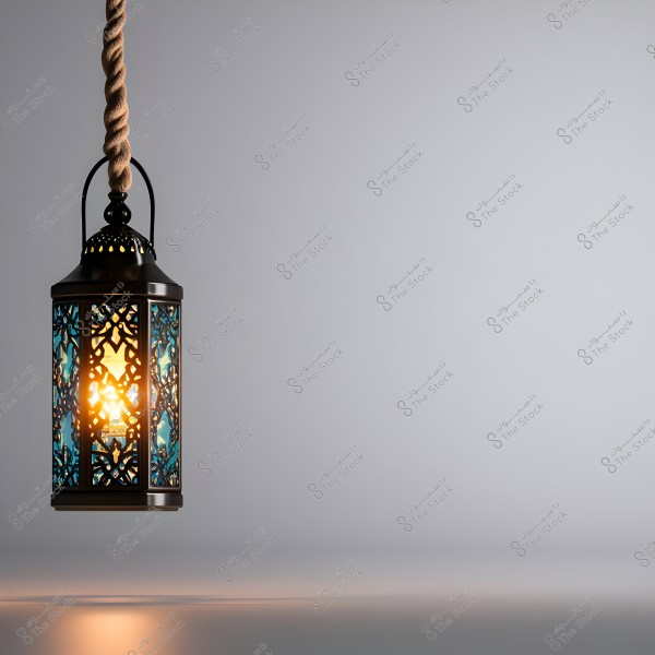 A traditional metal lantern hanging by a rope, featuring stained glass decorated with floral patterns. The lantern emits a warm light against a gray background, creating a calm and elegant ambiance.