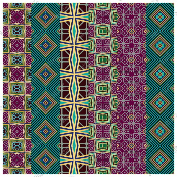 Geometric pattern composed of multiple designs in various colors, including blue, purple, green, and gold.