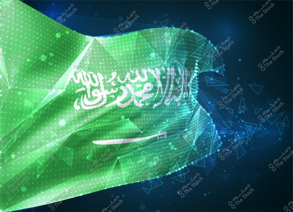 An image of the Saudi Arabian flag in a digital and abstract style. The flag is green with the Islamic declaration of faith \"There is no god but God; Muhammad is the Messenger of God\" in white at the top and a white sword at the bottom. The design uses light effects and geometric glowing dots, set against a dark blue background with interlocking geometric shapes.