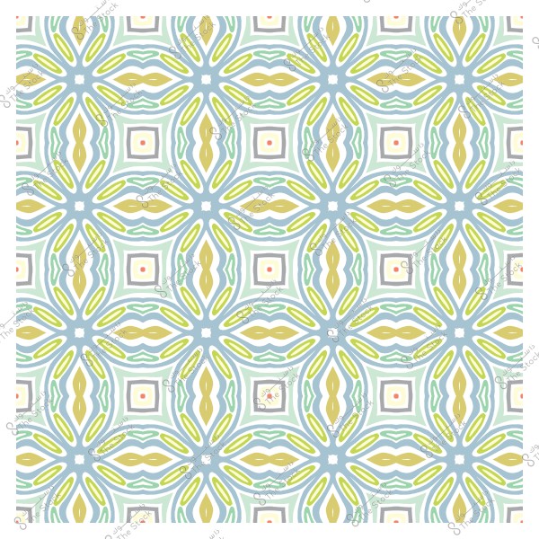 Decorative pattern in blue and yellow with a repeated design of symmetrical geometric shapes.