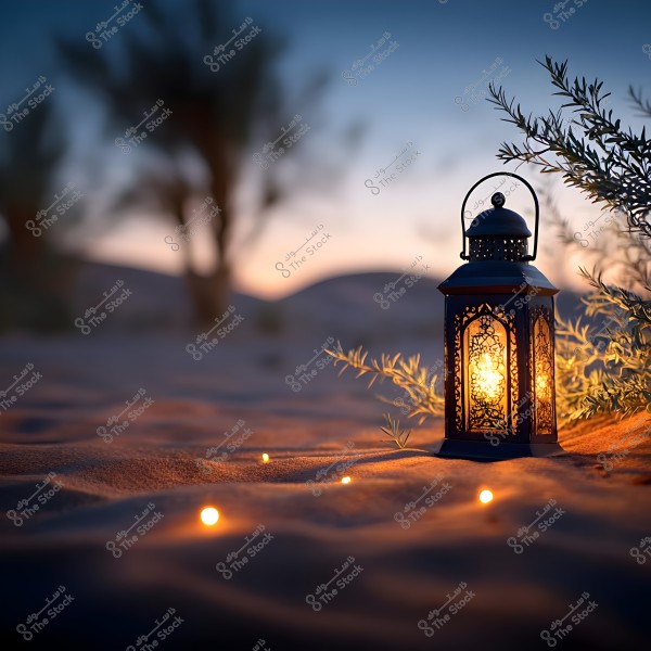 مشهد في الصحراء يظهر فوانيس مضيئة على الرمال أثناء الغروب. تتوهج الفوانيس بنور دافئ, محاطة بالنباتات الصحراوية, مع وجود أشجار وشجيرات ضبابية في الخلفية تحت سماء زرقاء وبرتقالية.