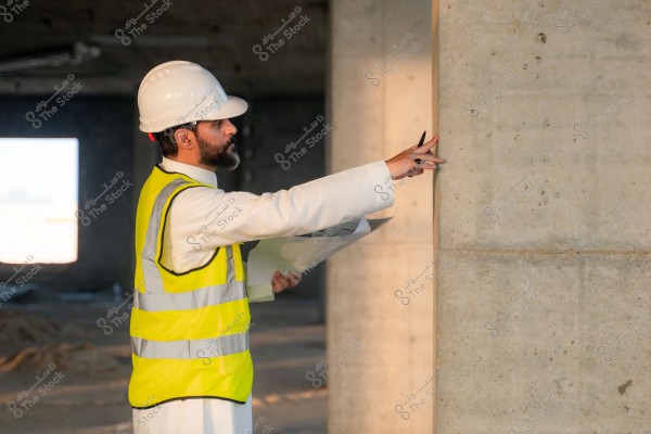 The image shows a man wearing a white safety helmet and a yellow reflective vest, standing inside a construction site. He appears to be inspecting or assessing a concrete wall, holding a pen and some papers. He is wearing a long-sleeved shirt, suggesting traditional attire.