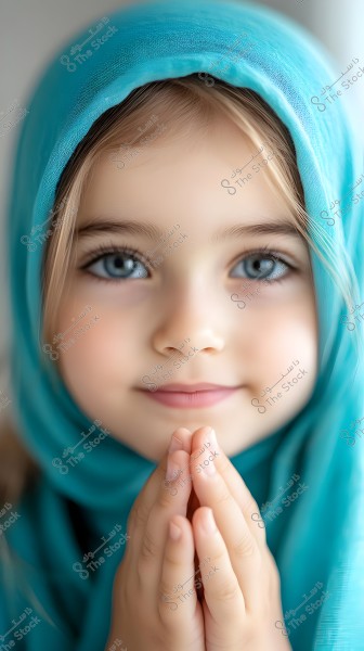 Image of a young girl wearing a blue headscarf, holding her hands together in a prayer or wishing position. She has blue eyes and smooth skin, with a neutral blurred background.