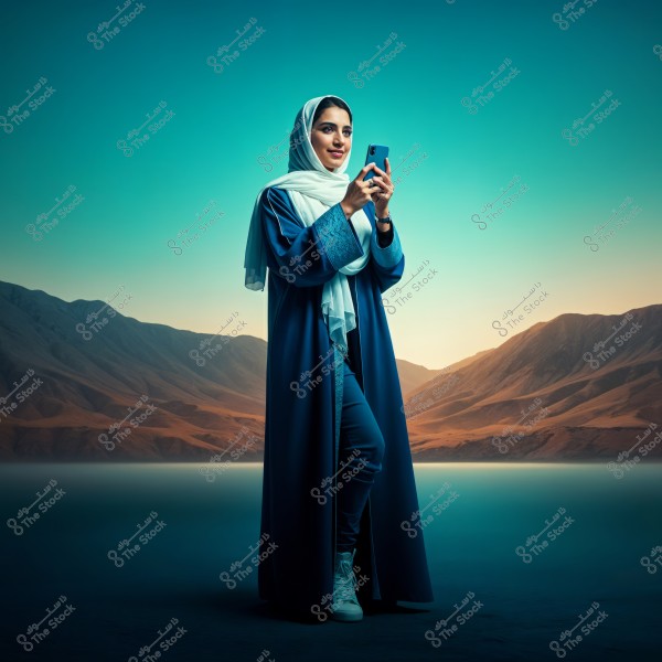 صورة لامرأة ترتدي عباءة زرقاء وحجابًا أبيض, تقف في منظر طبيعي صحراوي به جبال في الخلفية. تمسك المرأة بهاتف محمول وتبدو مندمجة, مع إضاءة الغروب على الجبال التي تضيف توهجًا دافئًا للمنظر.
