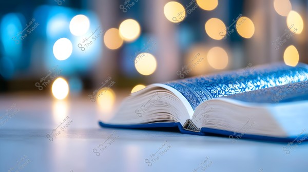 An image of an open book placed on a surface, with its pages slightly bending to the right. The book is blue with white writing. In the background, there are circular glowing lights in warm colors, with a noticeable blur, adding a serene atmosphere to the image.