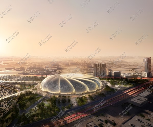An aerial view depicting a massive architectural structure situated in a desert-like landscape, featuring a circular design with a tiered, glass-like dome roof. Surrounding the building are trees and green spaces, with tall buildings visible in the background. The warm daylight illuminates the scene, giving it a contemporary feel.