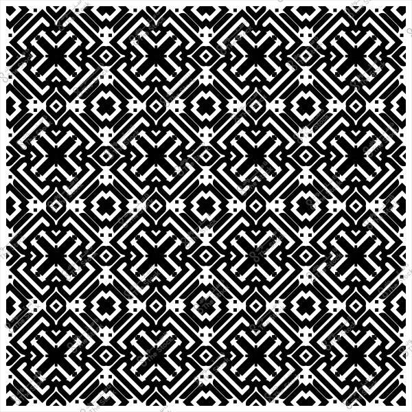 Symmetrical geometric pattern in black and white, combining square shapes with intersecting forms.