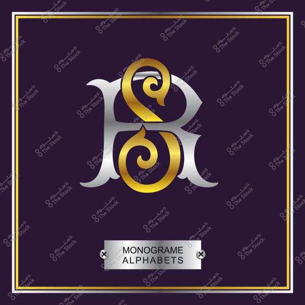 تصميم مونوغرام بأحرف بنمط فني فضي وذهبي مع خلفية بنفسجية وإطار ذهبي.