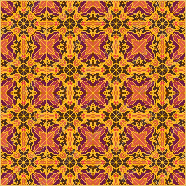 نمط زخرفي متماثل بألوان برتقالية وأرجوانية معقدة.