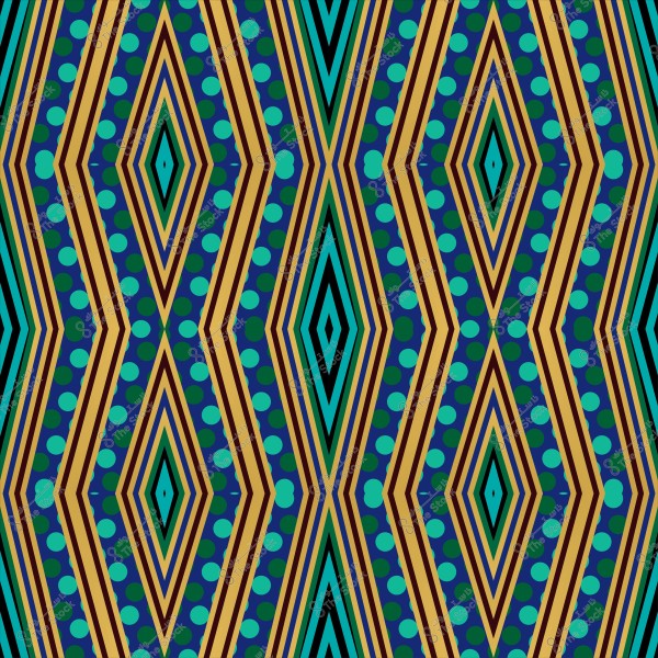 نمط هندسي ملون بأشكال ماسية وخطوط متوازية مع نقاط دائرية بألوان زرقاء وخضراء وبنية.