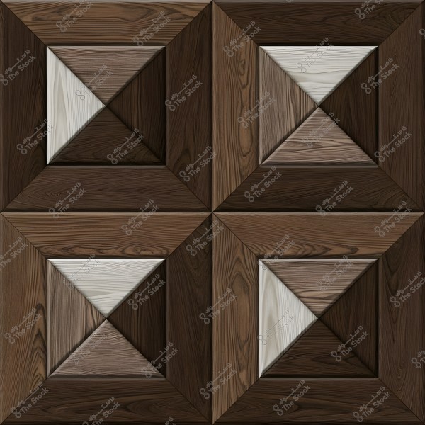 Image of an intricately designed geometric wooden pattern. The design features stacked wooden squares with triangular pairs in light and dark browns, giving a three-dimensional effect. The colors range from light to dark brown, displaying natural wood grain and textures.