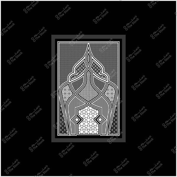 Black and white intricate Islamic-style decorative design with geometric details and interwoven patterns within a black rectangular frame.