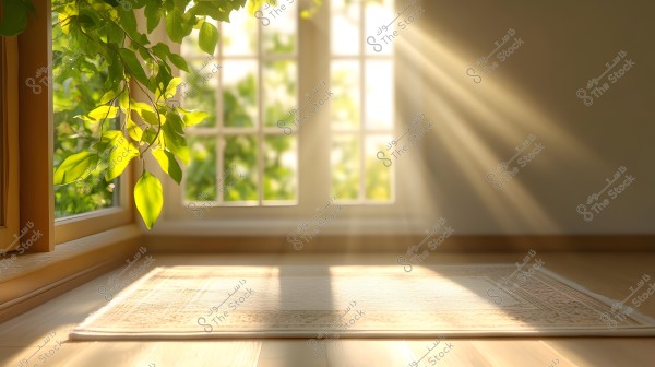 A scene of an indoor area illuminated by sunlight, where sun rays stream through a large glass window onto a wooden floor. A light rug is placed on the floor, beautifully catching the light. Green leaves from a nearby tree hang down by the window, adding a natural touch to the scene.